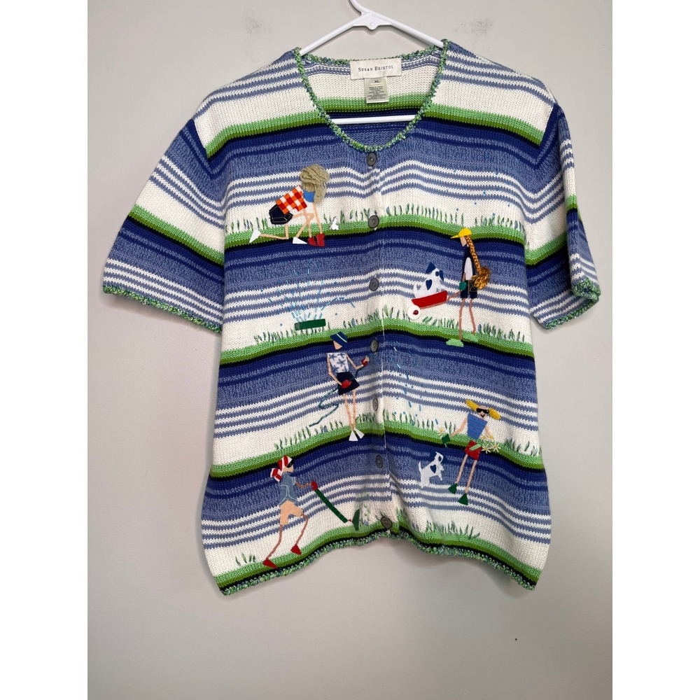 2000s Susan Bristol Outdoor Yard Work Summertime Scenic Art To Wear Cardigan XL